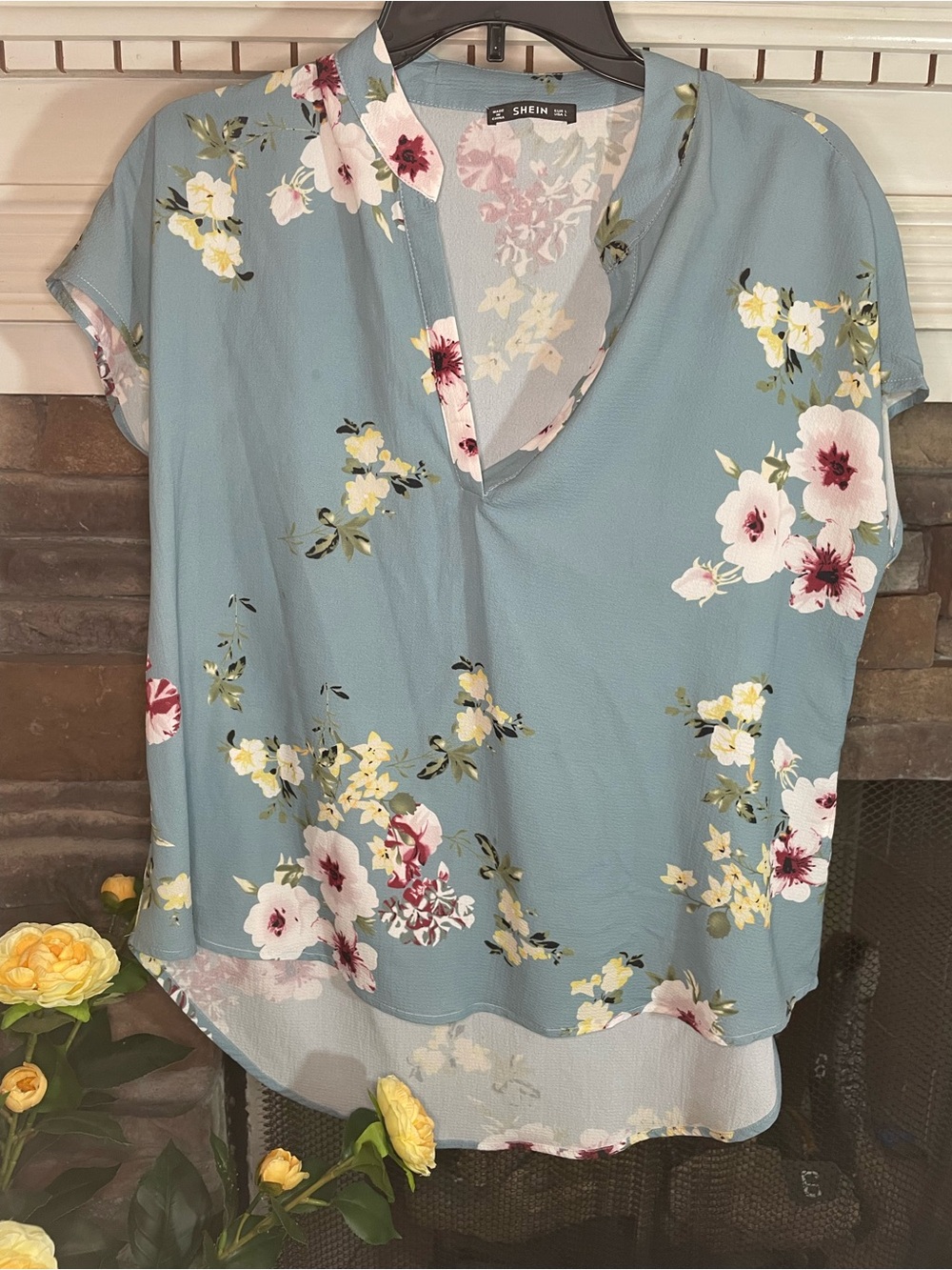 SHEIN Dusty Blue Floral V-Neck Blouse